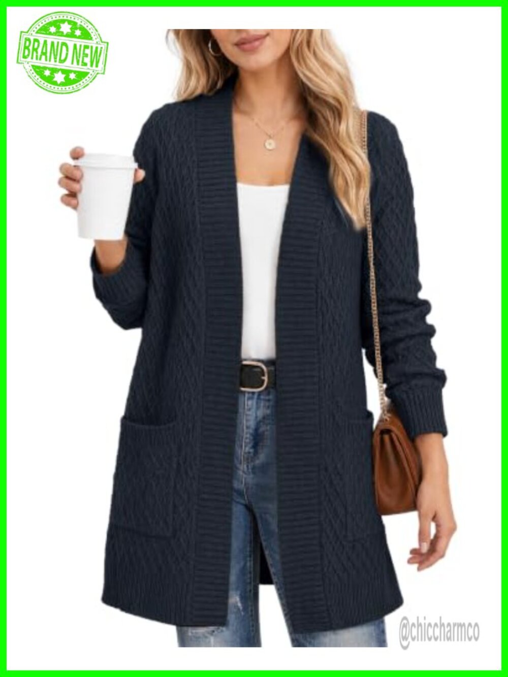 Cable Knit Open Front Cardigan with Pockets Mid-Length Sweater